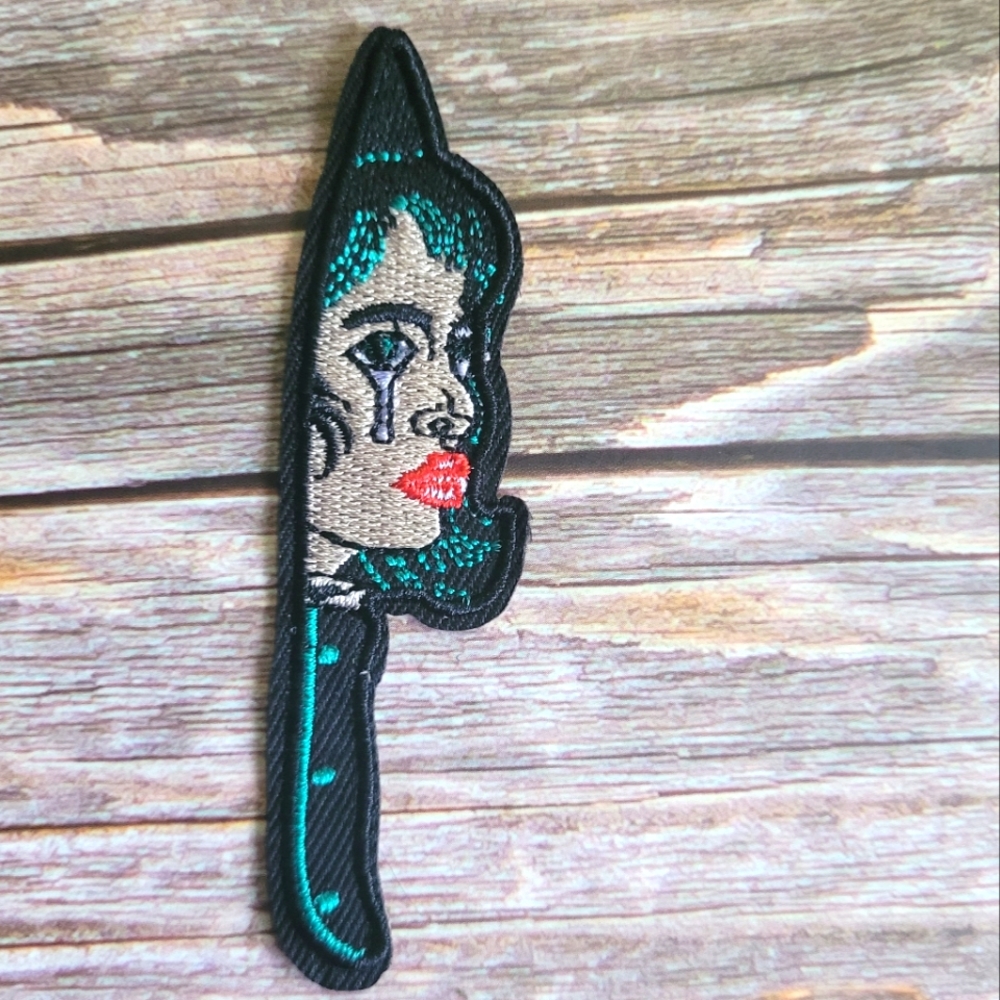 3/13$ Emo Crying Lady Tattoo Style Knife Embroidered Iron on Patch
